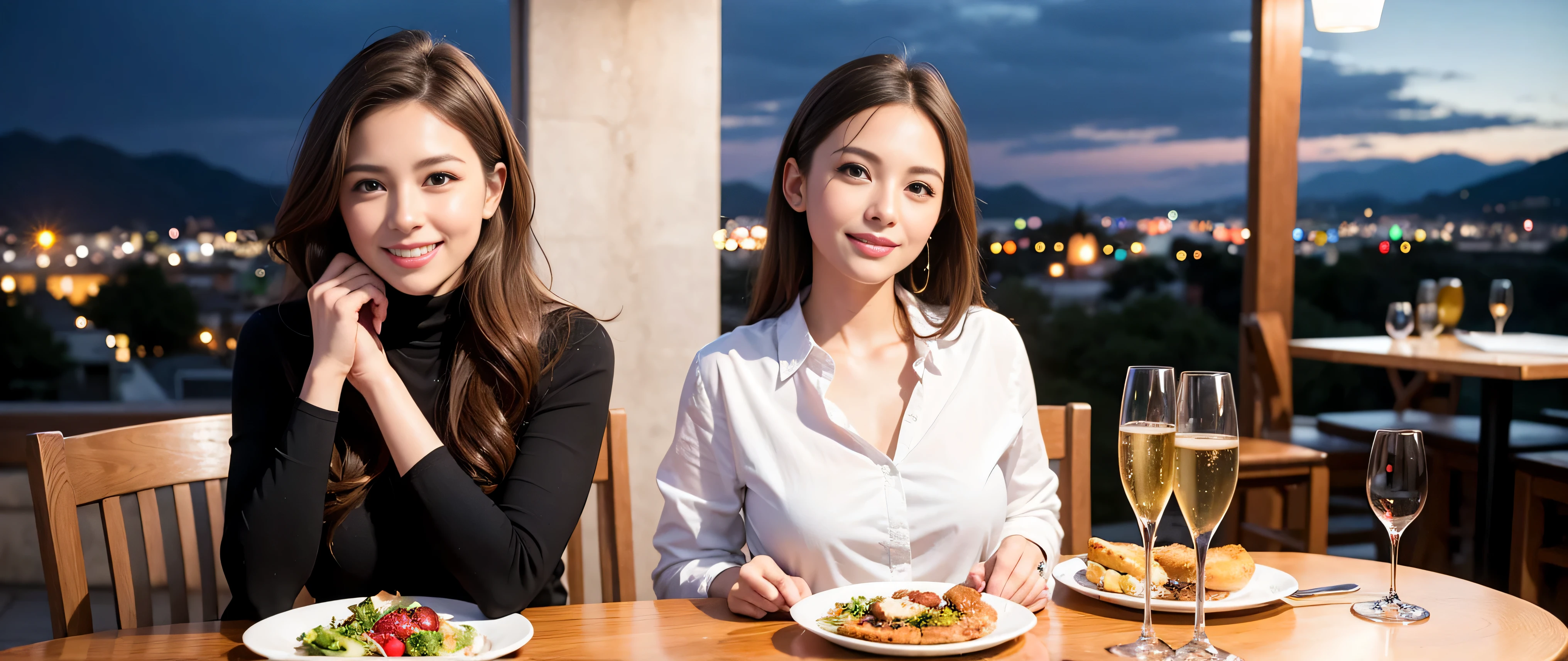(K UHD, nffsw, highest quality, table top: 1.2), (realistic, realistic: 1.37), Spectacular view of the sunset sky and clouds、Amazing mountain views、A bright smile、A lovely woman with a smile、that woman'bright face、Fox face、lady、wine 、Appetizer、Italian food、two beauties、brown hair、shortcut、long sleeve shirt、winter fashion、dress、Japanese、Englishman、Dutch、German、Belgian、Italian、French,Wine Bottle、Appetizer、Champagne、Sparkling wine、Pretty Woman 1, (slim face), (because I'thin), (brown hair), (shortcut), cheeks turn a little red, (42 years old), 38 years old, charming beauty、, A beautiful and detailed night view spreads out outside the window..........., restaurant, Wine Glassに座って, At night, in a prominent place (from the waist up) nova frog style, actress, model, Upper body, White wine, slim, Wine Glass, Very beautiful night view, 真ん中に置かれたWine Glass, smile, (smile: 1.15), Beautiful little eyes,