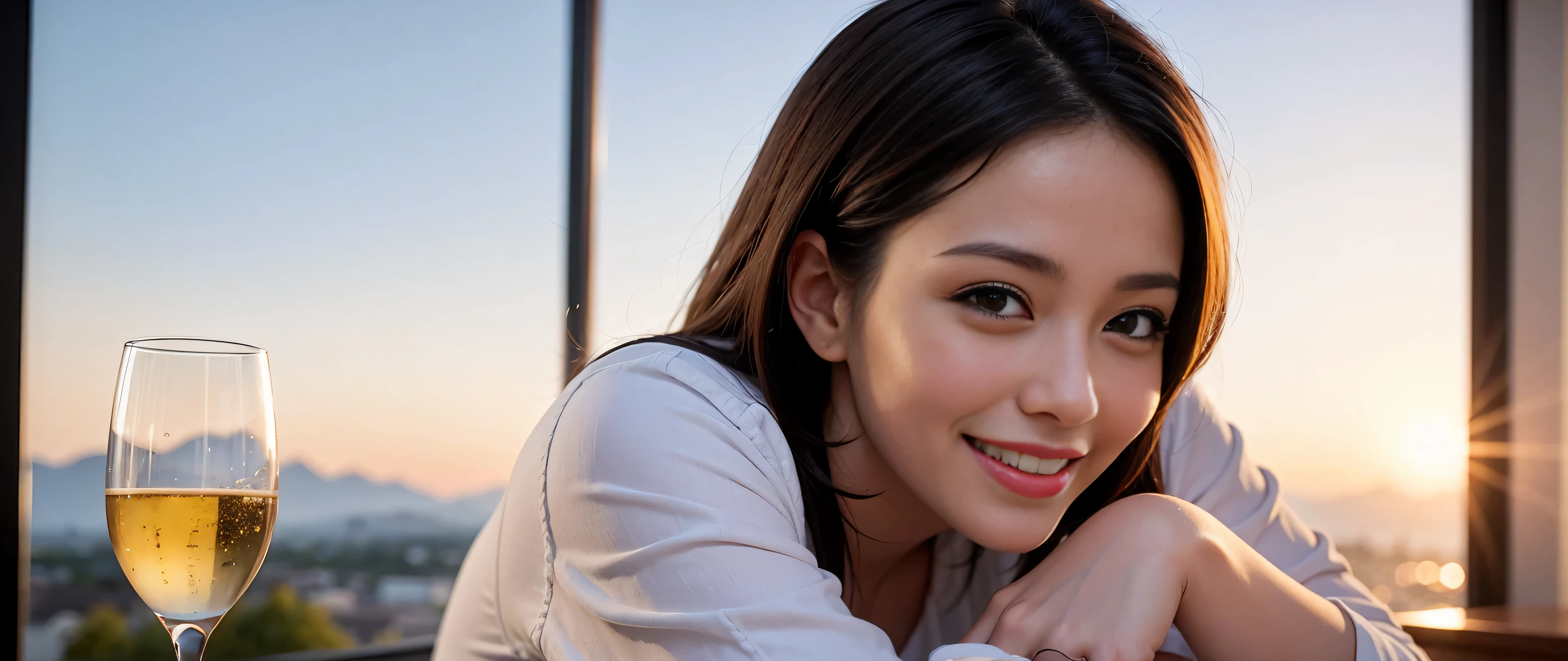 K, Hmm, highest quality, masterpiece: 1.2), (realistic, photorealistic: 1.37), Spectacular view of the sunset sky and clouds、Amazing mountain views、A bright smile、3 slim beauties, (slim face),Happy、 the best smile、Fox face、Berry Short、(because I'thin), (brown hair), (shortcut), long sleeve shirt、winter fashion、Colombian、Brazilian、Japanese、Dutch、German、Portuguese、Belgian、Italian、French,Champagne、sparkling wine、 (Squirting), (slim body), (brown hair), (shortcut), neat beauty、cheeks turn a little red, (42 years old), 38 years old, alone, A beautiful and detailed night view spreads out outside the window..........., restaurant, wine glass is sitting, At night, in a prominent place (from the Upper body) nova frog style, actress, model, Upper body, White wine, slim, wine glass, Very beautiful night view, wine glass Put in the Middle, Happy smile, (smile: 1.15),