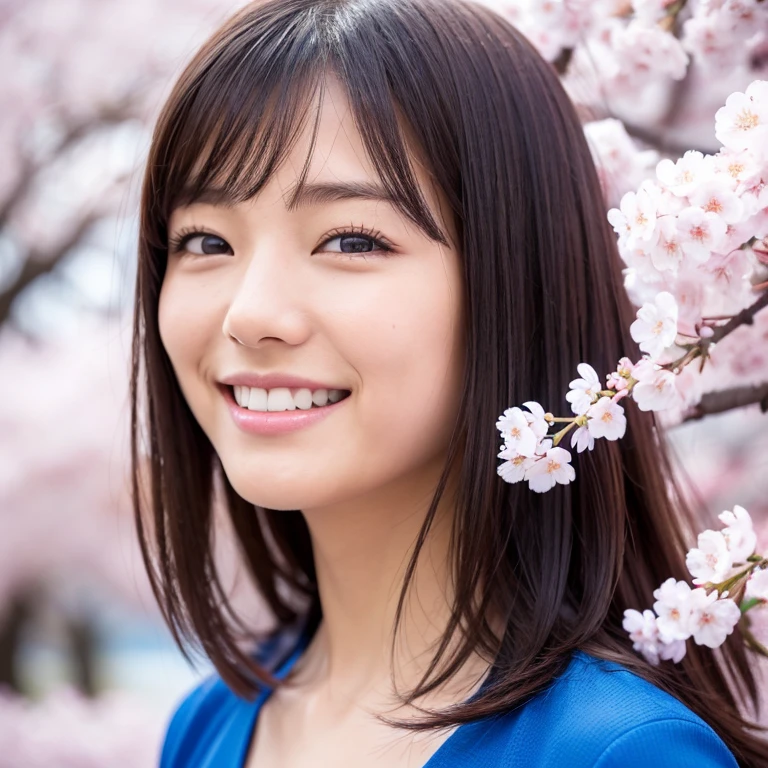 The eyes of a beautiful teenage Japanese female popular idol wearing a blue costume with a futuristic design looking back at the cherry blossoms in full bloom and smiling. Focal length 100mmf/2.8, Somei Yoshino flowers in full bloom, a blizzard of cherry blossom petals dancing and filling the space, an ideal light source, a well-shaped face, the best smile, white teeth, a toned body, a member of an idol unit. Cherry blossom viewing, realism, close-up of eyes, 8K image quality, highest quality.