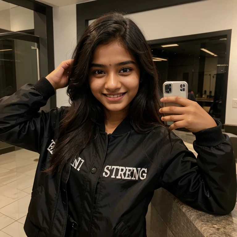 Indian girl smiling selfie with black jacket