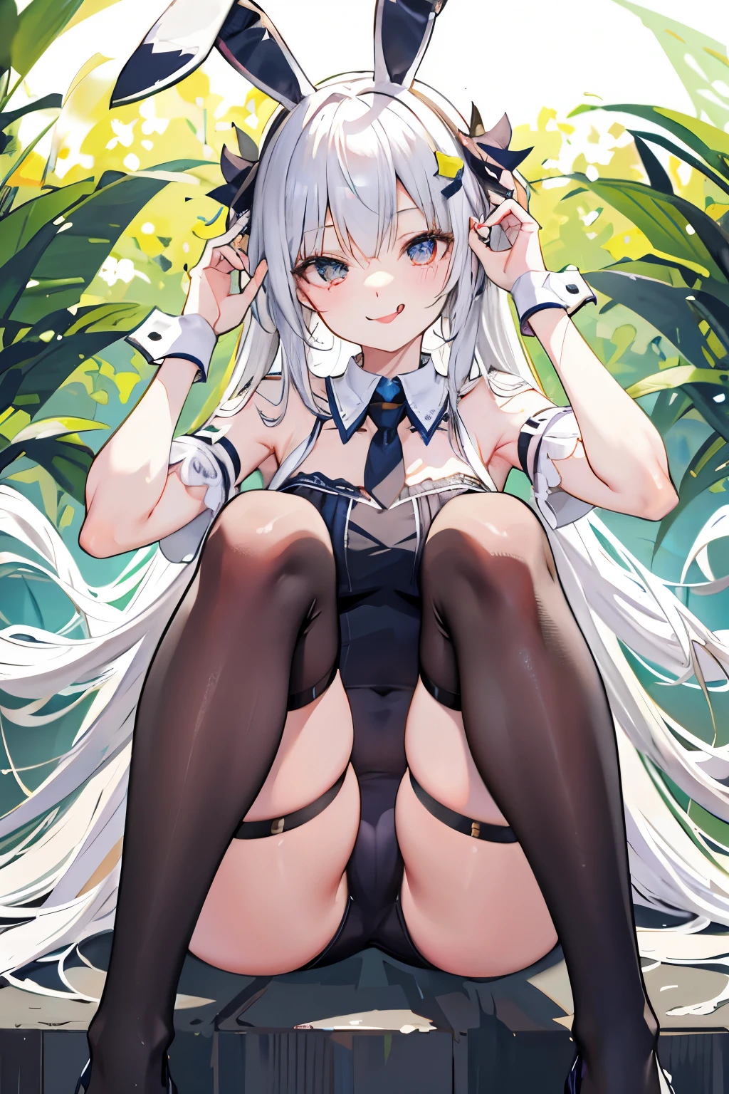 front,sitting,bunny ears,scantily clad,transparent, Sticking out tongue,very shy,love,Smile,open legs