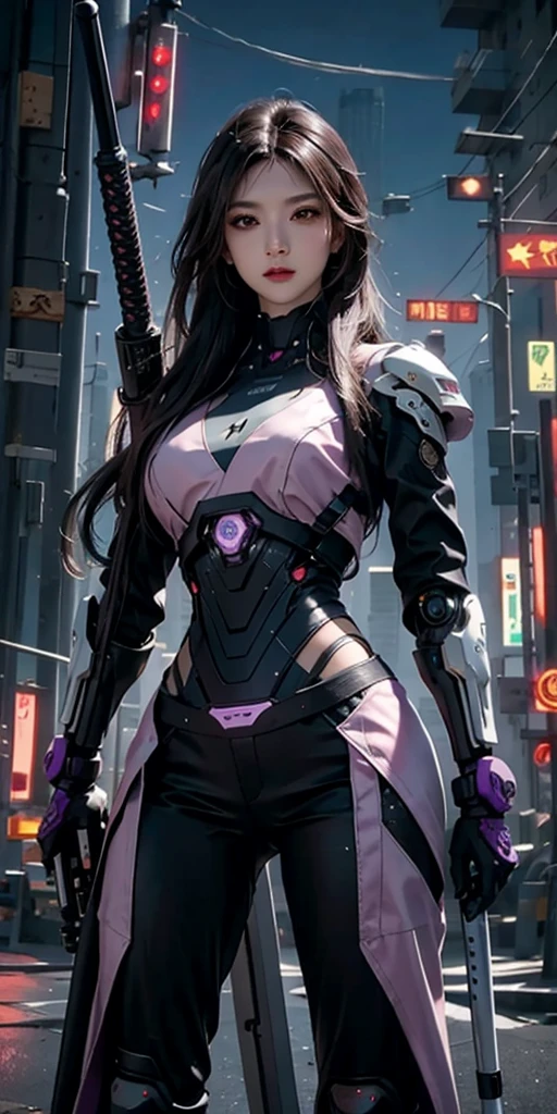 photorealistic, high resolution, soft light,1women, solo, hips up, (detailed face),purple long hair, cybersamurai, cyborg, cyberpunk,  cyber armor, holding weapon,glowing,gun, sniper, on the street