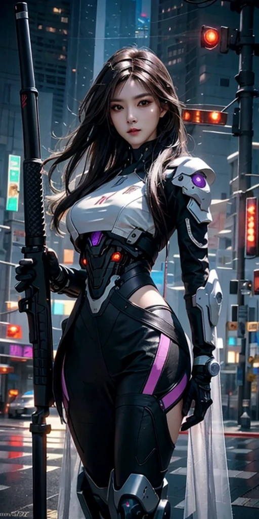 photorealistic, high resolution, soft light,1women, solo, hips up, (detailed face),purple long hair, cybersamurai, cyborg, cyberpunk,  cyber armor, holding weapon,glowing,gun, sniper, on the street