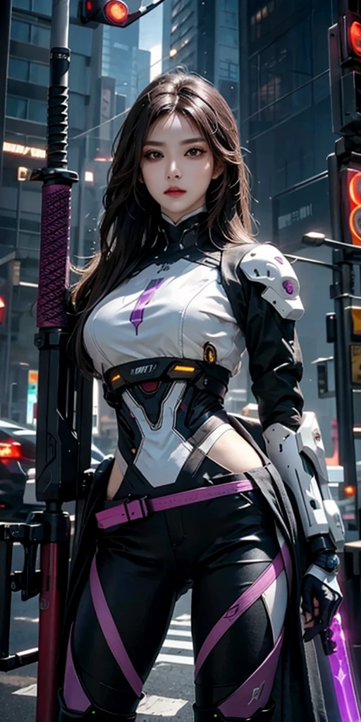 photorealistic, high resolution, soft light,1women, solo, hips up, (detailed face),purple long hair, cybersamurai, cyborg, cyberpunk, cyber armor, holding weapon,glowing,gun, sniper, on the street