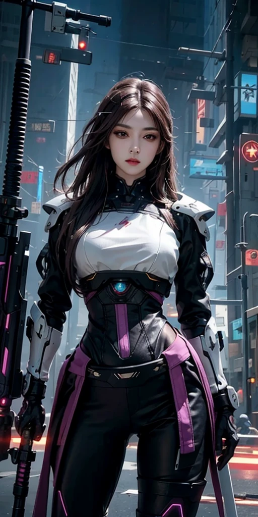 photorealistic, high resolution, soft light,1women, solo, hips up, (detailed face),purple long hair, cybersamurai, cyborg, cyberpunk, cyber armor, holding weapon,glowing,gun, sniper, on the street