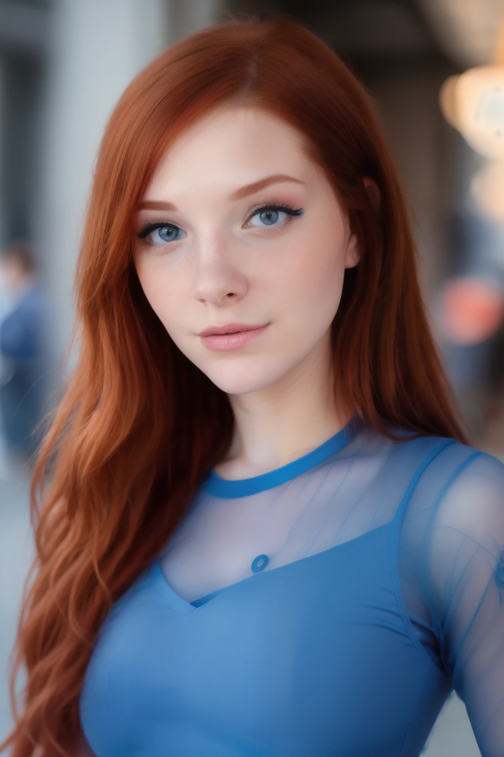 masterpiece, sharp focus, photo-realistic, award winning hyper realistic (close up) photo of red haired (Madison Kate:1.0) wearing ((tight blue clothing)), busy city sidewalk, detailed features, (detailed face:1.2), (perfect hands:1.3), (detailed eyes:1.3), 8k ultra hd, 4k, (ultra hi definition photo), highest quality, best quality, 