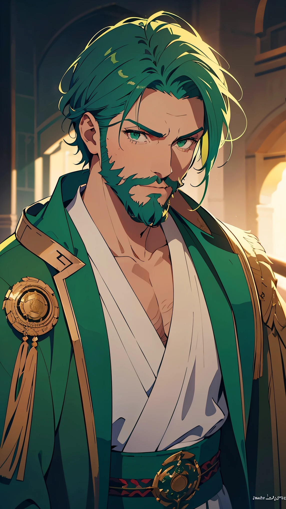 Arabic man1,male,(green hair,two side part hairstyle, Stubble Beard ,green eyes),(They wear green royal Arab robes for men),Highly detailed CG,8K wallpapers،Highest quality, high resolution, beautiful lighting, realistic shadow, high resolution,highly detailed, detailed face and eyes, realistic eyes