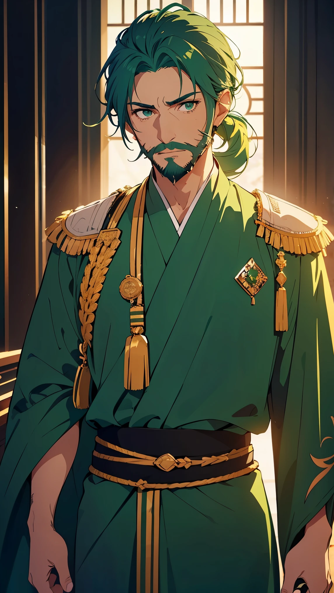 Arabic man1,male,(green hair,two side part hairstyle, Stubble Beard ,green eyes),(They wear green royal Arab robes for men),Highly detailed CG,8K wallpapers،Highest quality, high resolution, beautiful lighting, realistic shadow, high resolution,highly detailed, detailed face and eyes, realistic eyes