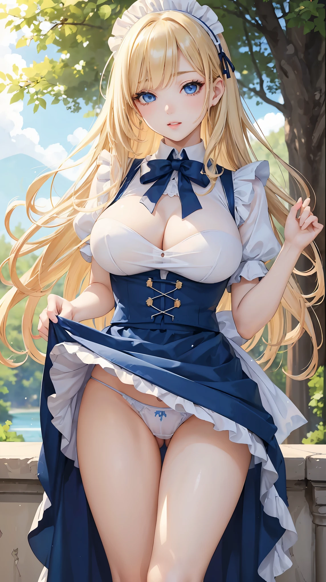(masterpiece:1.2), (highest quality:1.2), Curvy but slender body, perfect eyes, perfect face, perfect lighting, 1 girl, long hair, curly hair, fine clothes, detailed outdoor background, compensate, eye shadow, thick eyelashes, fantasy, (maid)、whole body,alice in wonderland、blue sky、Bright and beautiful face、young shiny glossy white shiny skin、the best beauty、the most beautiful bright blonde hair in the world、thin hair、super long straight hair、Shining beautiful bangs、Shining crystal clear big blue eyes、Very beautiful lovely 17 year old most beautiful girl in the world、big and full breasts、a sexually excited look、A sexually seductive look、((She lifts up her skirt and shows her panties、she is seducing))