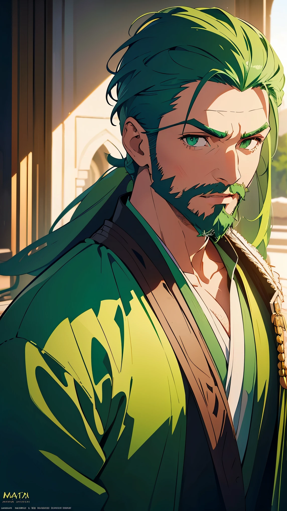 Arabic man1,male,(green hair,two side part hairstyle, Stubble Beard ,green eyes),(They wear green royal robes for men),Highly detailed CG,8K wallpapers،Highest quality, high resolution, beautiful lighting, realistic shadow, high resolution,highly detailed, detailed face and eyes, realistic eyes
