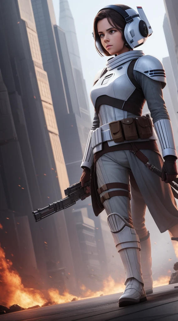 movie poster for Star Wars, half body shot of beautiful rebel Princess, in soldier costume, death star hangar, masterpiece, intricate detail, highly detailed, volumetric lighting, 4k render, stock photograph, hyper realistic, lifelike texture, dramatic lighting, unreal engine