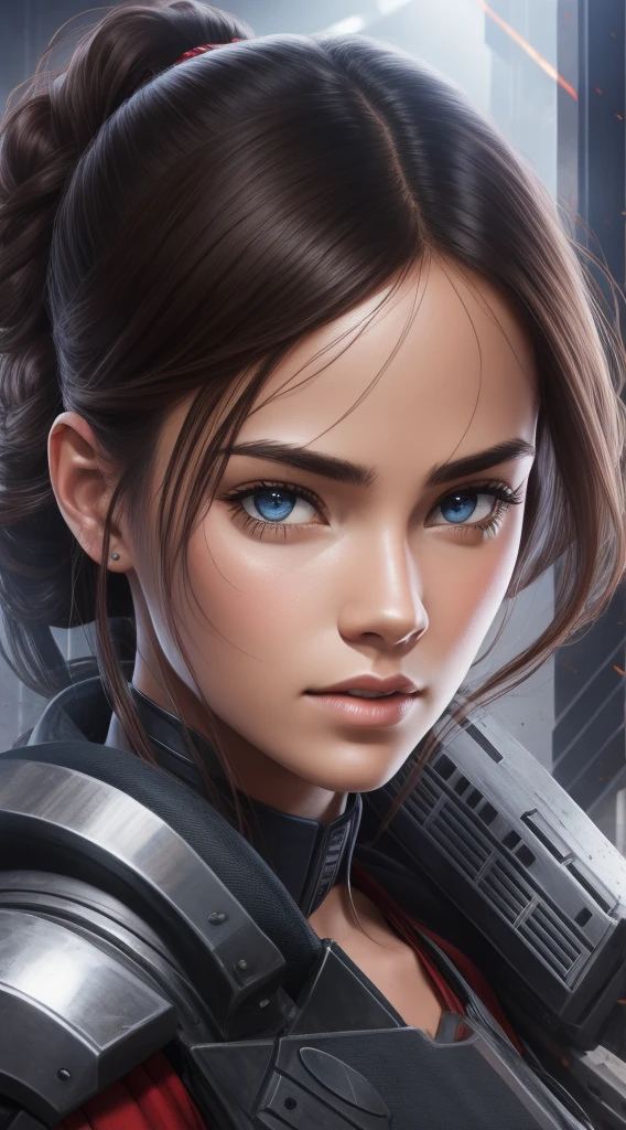 movie poster for Star Wars, half body shot of beautiful rebel Princess, in soldier costume, death star hangar, masterpiece, intricate detail, highly detailed, volumetric lighting, 4k render, stock photograph, hyper realistic, lifelike texture, dramatic lighting, unreal engine