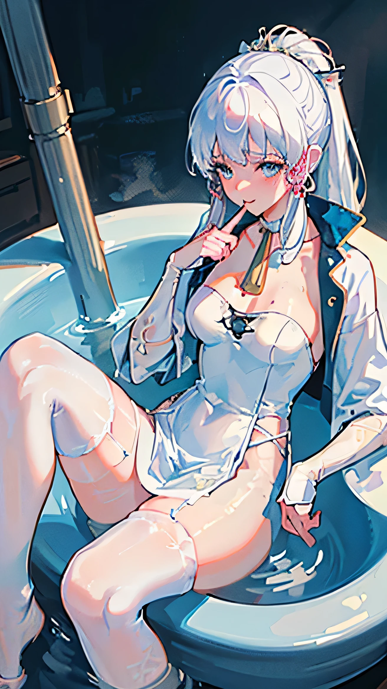 ((beautiful lighting, Best quality, 8K, Masterpiece: 1.3)), 1girl, Perfect body beauty: 1.4, elegant, Sweaty + wet skin,((white hair)), (White dress: 1.4), (Bathing gown), (Over the knee white stockings: 1.5), (bathtub, night: 1.1), (Hot water bath), Soak, Super Fine Face
