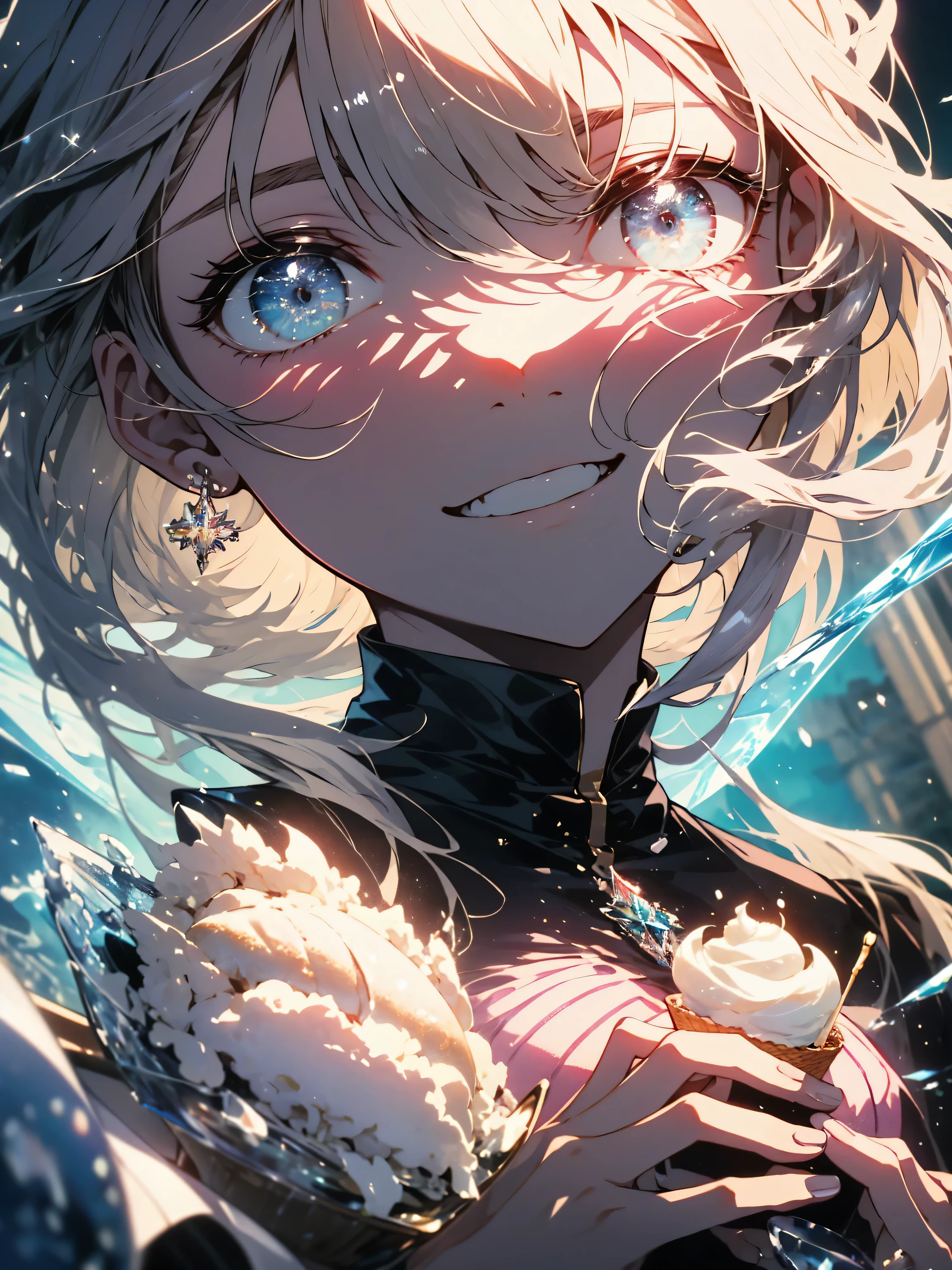 (highest quality、masterpiece、High resolution、detailed), 1 girl, alone, (cute smile)、very fine eyes,(Shining eyes、detailed beautiful face)、 (official art, Cosmetology and aesthetics: 1.2), (fractal art: 1.3), (holding ice cream in one hand)、white pink color scheme, most detailed、sunny、sitting on a park bench、(highest quality、masterpiece、High resolution、detailed)、cute anime