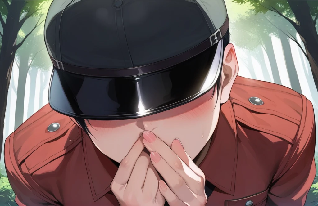 score_9, score_8_up, score_7_up, score_6_up, source_anime, BREAK by ikuchan kaoru, iku, clean color, flat color,1girl, hellsing, seras, outdoors, in Forest, face focus, face closeup, face, face only, smug, shy, embarrassed, covering mouth, covering eyes