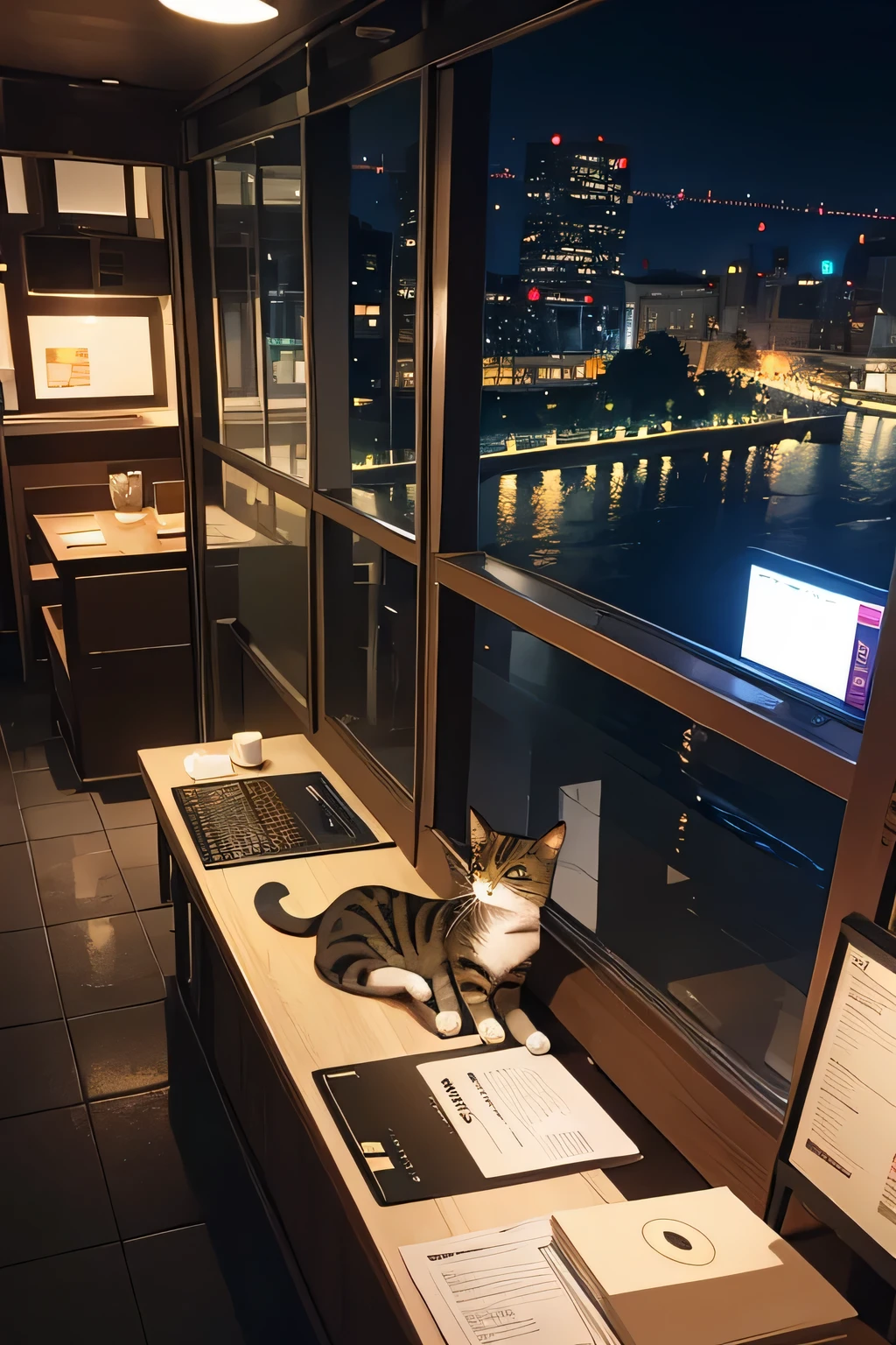 
Cafe，Scenes，cat，night，front desk，top view，look at camera，wide angle，unmanned，仅Scenes