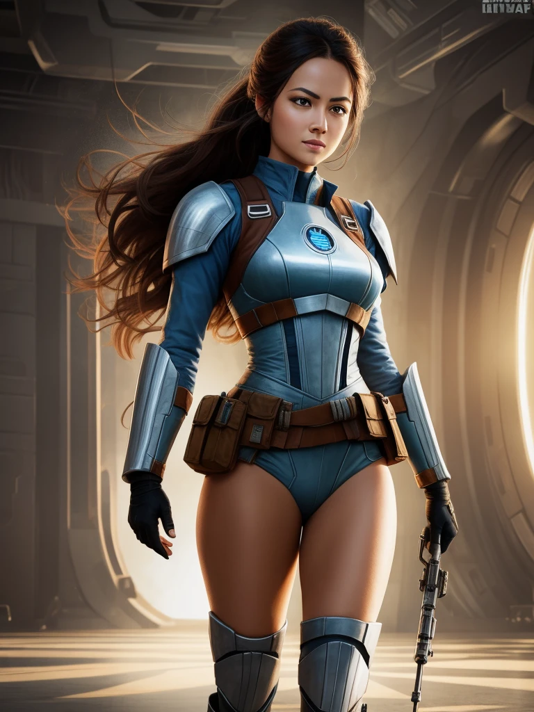 movie poster for Star Wars, half body shot of beautiful rebel Princess, in soldier costume, death star hangar, masterpiece, intricate detail, highly detailed, volumetric lighting, 4k render, stock photograph, hyper realistic, lifelike texture, dramatic lighting, unreal engine