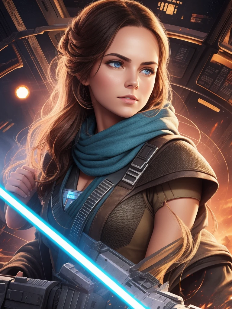 movie poster for Star Wars, half body shot of beautiful rebel Princess, in soldier costume, death star hangar, masterpiece, intricate detail, highly detailed, volumetric lighting, 4k render, stock photograph, hyper realistic, lifelike texture, dramatic lighting, unreal engine