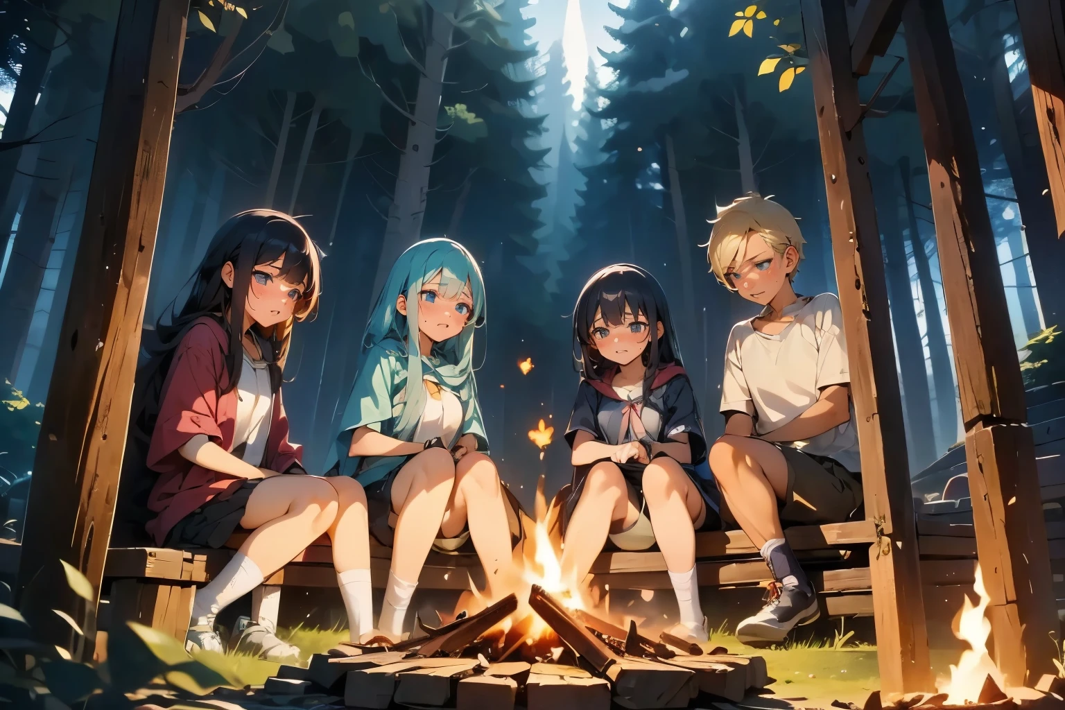 ((masterpiece)), ((best quality)), (ultra-detailed), ((kawaii)), cute, (lovely), ((sexy)), (ero), ((extremely detailed)), 4K, (8K), best quality, (beautiful), anime style, a group of people sitting around a campfire in the woods, at a campfire in the forest, at a campfire at night, campfire, bonfire, anime wallpaper, campfire, Pleasant night fireflies, anime background, anime picture, light novel cover picture, fantasy style anime, anime yurucamp, campfire background, Talking around the fire, evening!! in the forest