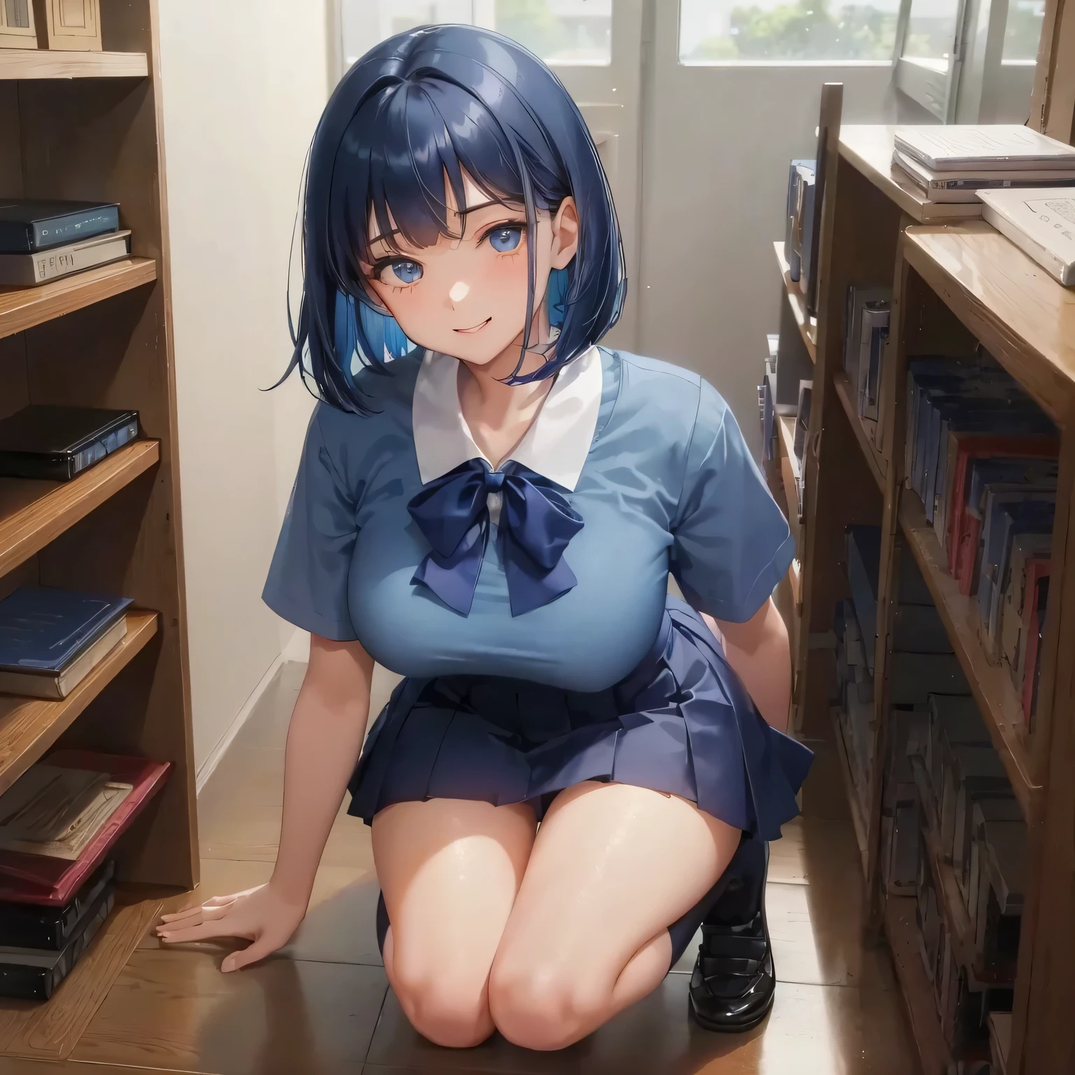 1 high school girl　17 year old woman　bob cut　dark blue hair color　high school uniform　light blue y shirt　short sleeve　blue ribbon　dark blue hair color　Slender body type　big breasts　full body portrait　school library　smile gently　cheerful look　Library　hand sign　squat　kneel down　look up here　navy high socks