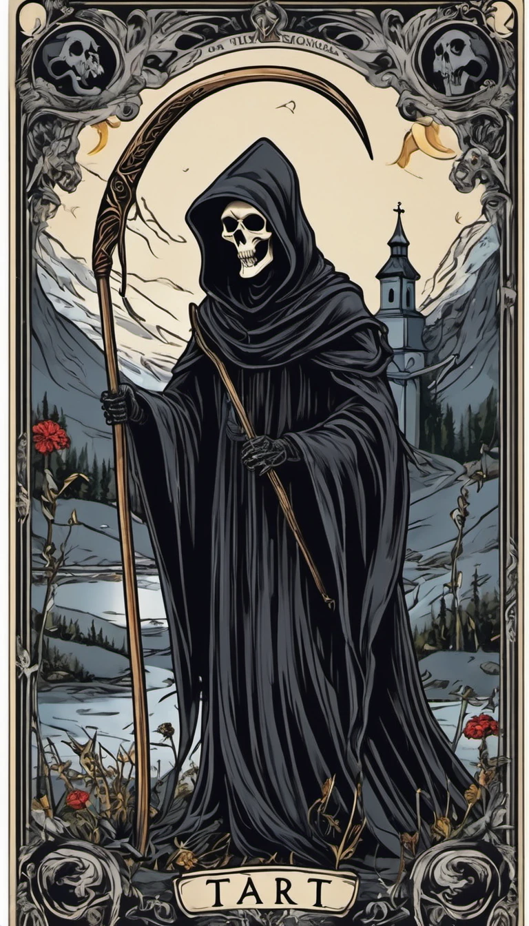 tarot cards，Grim Reaper with a scythe，Nordic style，church background，8K，high quality，masterpiece，Ultra-fine

