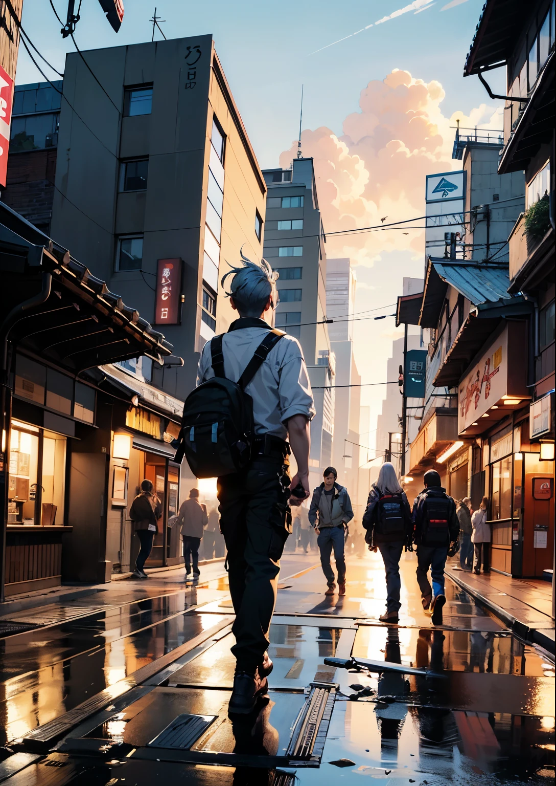 2 boys,a 13 year old boy、twin,Cyberpunk boy、Samurai sword,machine gun、silver hair、ponytail、Bloody all over、Composition top view、The beginning of the adventure、Enter the cloud、chaotic future city、ruined and ruined city、Japanese architecture is very complex、warm light、puddle、chaotic landscape、Beautiful and dreamy scenery、movie scene、high quality、on the table,8K、high resolution、Super detailed,
