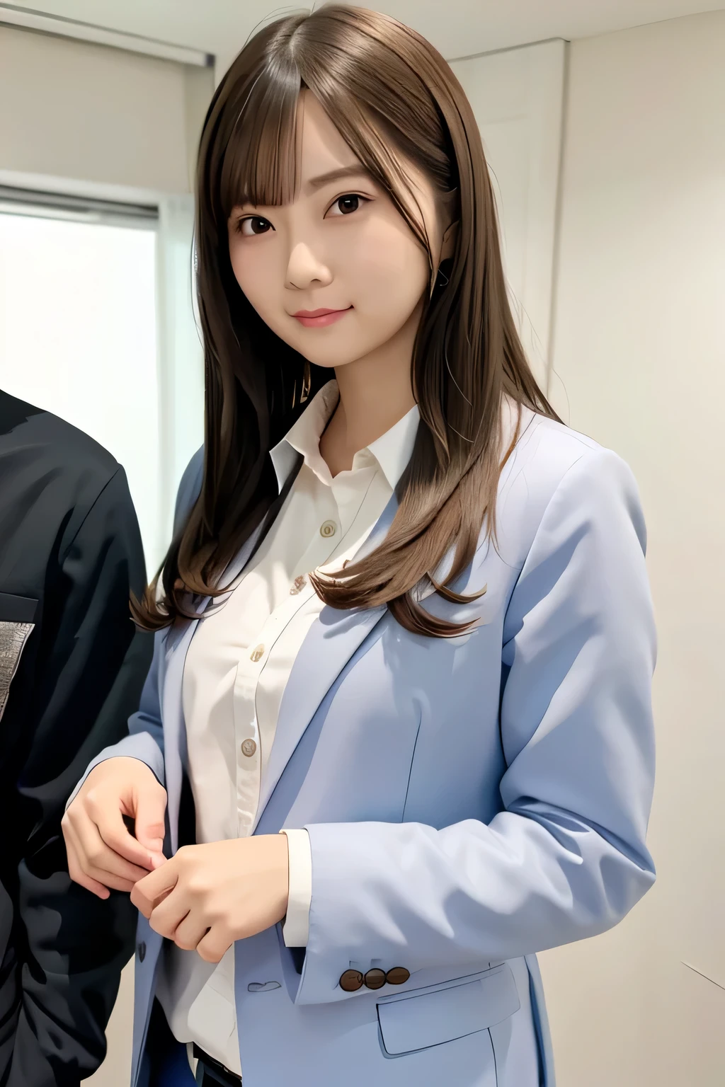 1 girl, beautiful, cute, professional lighting, highest quality,well-groomed face,(suit:1.7),long hair, clear, beautiful,company, 