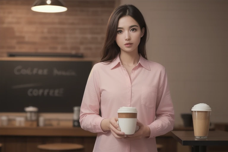 (8K, Raw photo, highest quality, masterpiece:1.2), (realistic, photo-realistic:1.2), (photorealistic:1.4), (ultra high resolution, Raw photo:1.4), (coffee shop background:1.2), (coffee shop:1.2), From before, facing the viewer, both hands in front of your chest, face to face, (Pink collared shirt:1.2),  