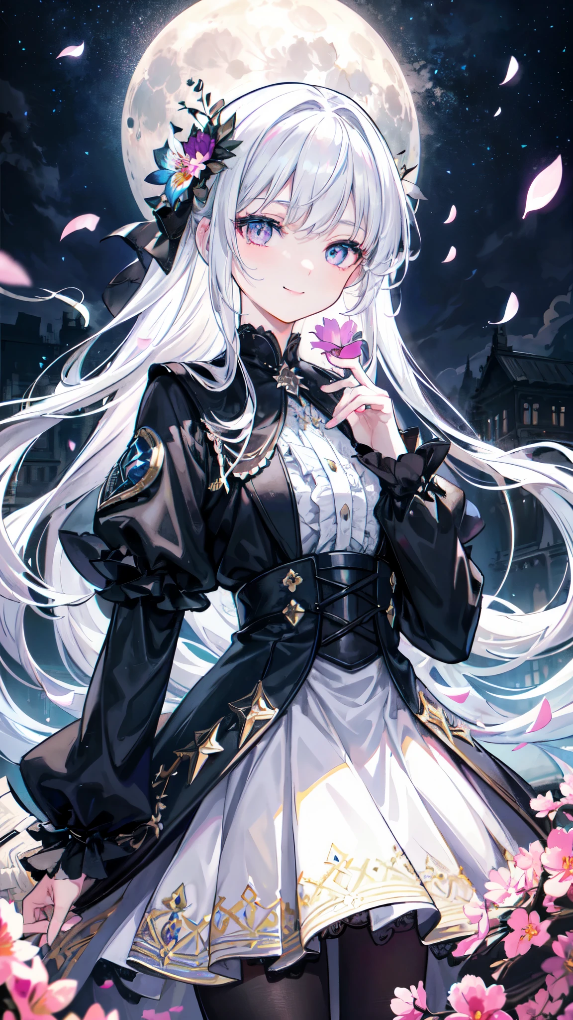 masterpiece, best quality, 1girl, (colorful),(finely detailed beautiful eyes and detailed face),cinematic lighting,bust shot,extremely detailed CG unity 8k wallpaper,white hair,solo,smile,intricate skirt,((flying petal)),(Flowery meadow) sky, cloudy_sky, building, moonlight, moon, night, (dark theme:1.3), light, fantasy,