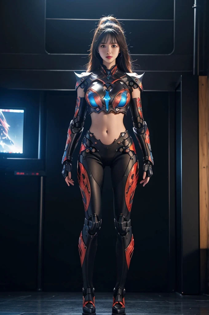 ((masterpiece, best quality)),illustration,ultra detailed 8k,detailed face, photorealistic,sharp focus,highly detailed,professional lighting,colorful details,iridescent colors BREAK extreme long shot of a factory,large mechanical robot construction,microchip,computer,glowing,intricate details,shitu-mecha,1girl is standing in front of the audience,Navel