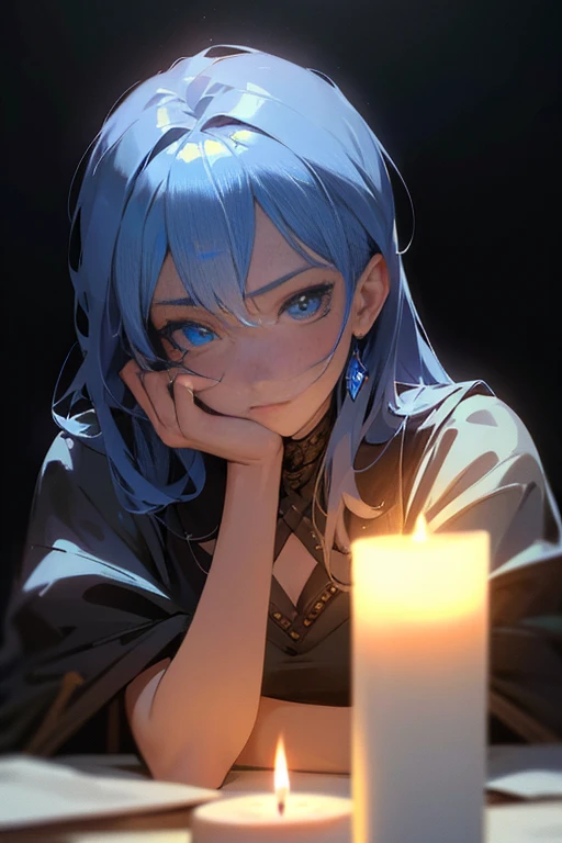 Handsome woman with intense blue eyes sits in a completely dark room. There is a lit candle 30 centimeters away from your face., Let his beautiful features shine. photorealistic style. 8K resolution. very detailed.