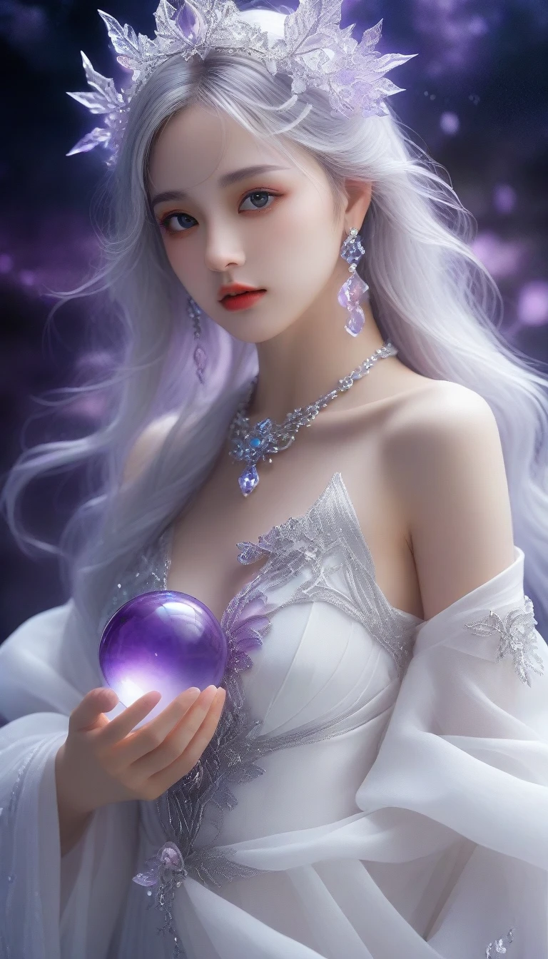 a close up of a woman in a white dress holding a purple ball, beautiful celestial mage, beautiful young wind spirit, a beautiful sorceress, a stunning young ethereal figure, ethereal fantasy, white haired deity, beautiful ancient frost witch, beautiful sorceress, epic mage girl character, aura of magic around her, astral fairy, xianxia fantasy