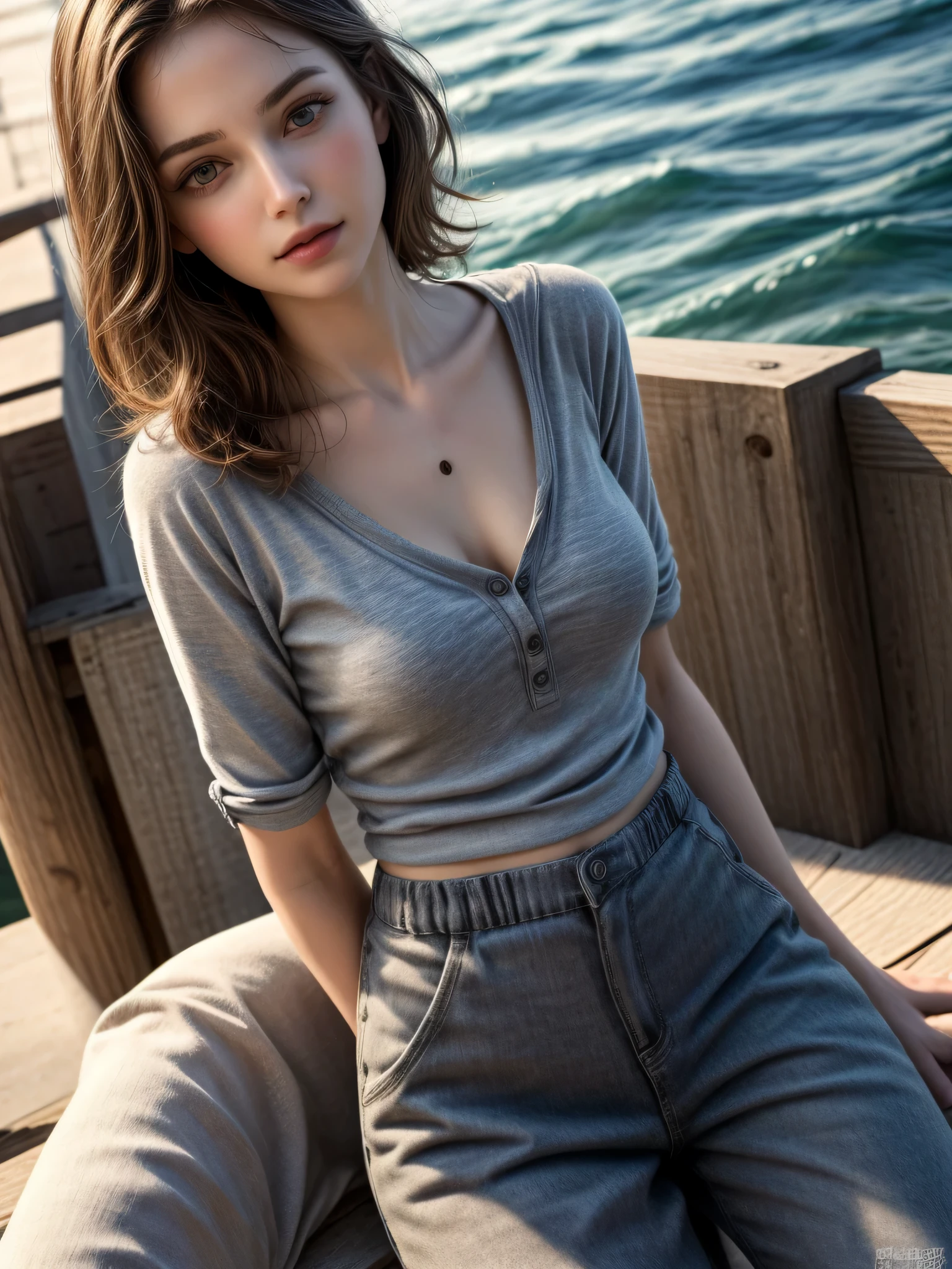 (Masterpiece, best quality, photorealistic, highres, photography:1.3), from above shot, very close-up portrait, sharp focus, 1 brunette girl, European girl, hot model, highly detailed eyes and pupils, realistic skin, slim body shape, ((sexy flat abdomen:1.1)), cleavage, short messy hair, delicate sexy face, allure look, ((wearing henley shirt and loose low-waist pants)), on pier, outdoor, ((realistic, ultra realistic, realism, realistic detail))