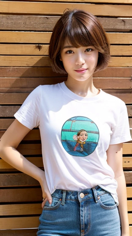 20th generation、japanese woman、cute、T-shirt、jeans、shortcut、brown hair、thin eyebrows