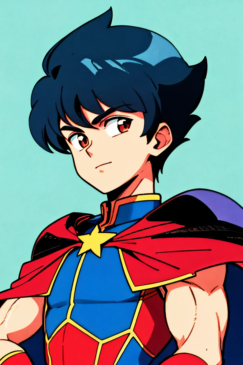 masterpiece, best quality, cel shaded, bright colors, 1boy, solo, male focus, teenage boy, short black hair, brown eyes, small smile, healthy complexion, muscular frame, red superhero suit, white star chest emblem, blue cape, blue gloves, blue trunks, hands on hips, looking at viewer, staring straight ahead, upper body shot, simple background
