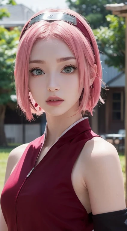 1 girl, anime caracter sakura haruno, kunoichi, perfect body, hiny sweaty skin, detail, hair detail, skin detail, face detail, white skin, realistic