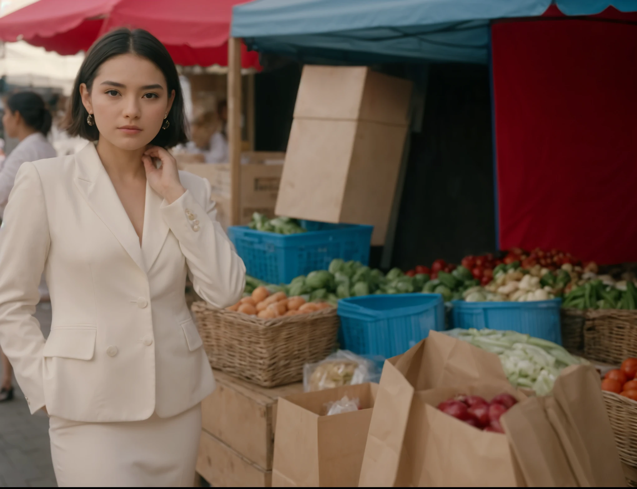 woman in a white suit standing in front of a market, still from a music video, girl in suit, girl in a suit,