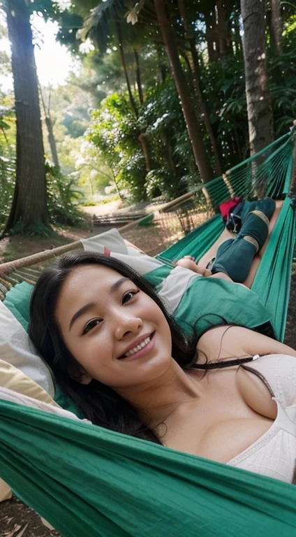 a woman laying in a hammock in the tree, a picture, inspired by Naza, tumblr, Japaneseism, with a beautifull smile, asian, profile pic, bbwchan, good young girl, meme format, on hammock, in love selfie, old picture, leaked, in a forest, facebook, with green clhammockoths, sweet and innocent