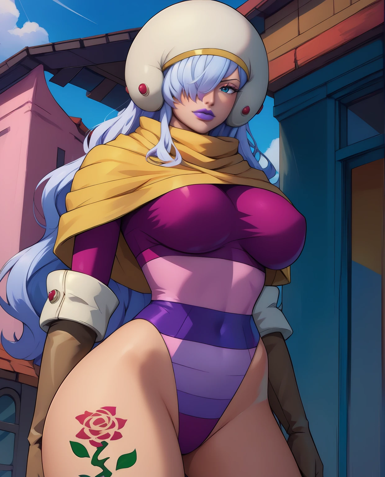 score_9,score_8_up,score_7_up,
charlotte,long white hair,right thigh rose tattoo,blue eye,hair over one eye,purple lips,
pink leotard,long sleeves,large breasts,
scarf,gloves,boots,helmet,giantess,looking at viewer,
standing,     
outdoors,solo,