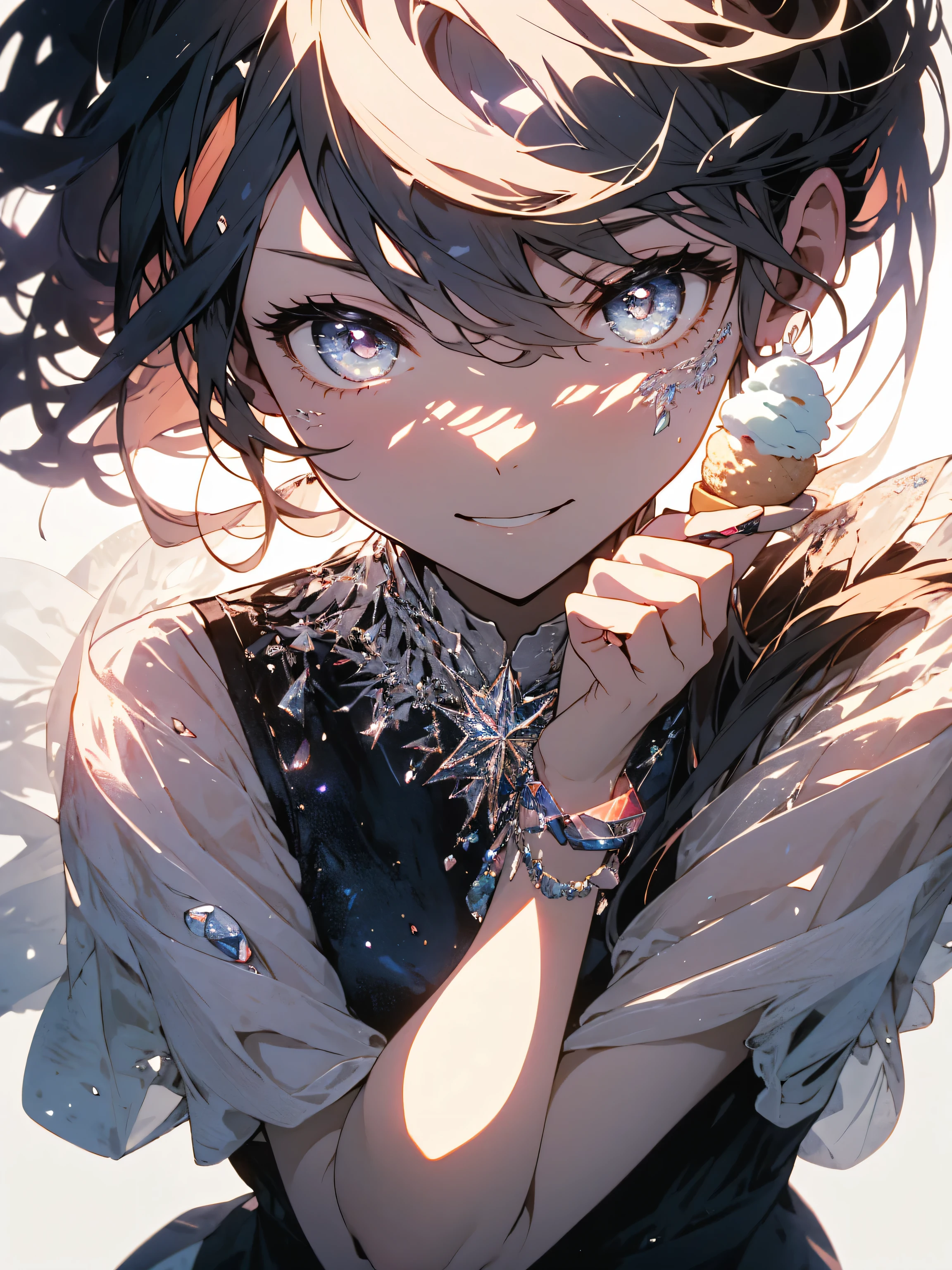 (highest quality、masterpiece、High resolution、detailed), 1 girl, alone, (cute smile)、very fine eyes,(Shining eyes、detailed beautiful face)､ (official art, Cosmetology and aesthetics: 1.2), (fractal art: 1.3), (holding ice cream in one hand)、white pink color scheme, most detailed、sunny、sitting on a park bench、(highest quality、masterpiece、High resolution、detailed)、cute anime、Pop bright background