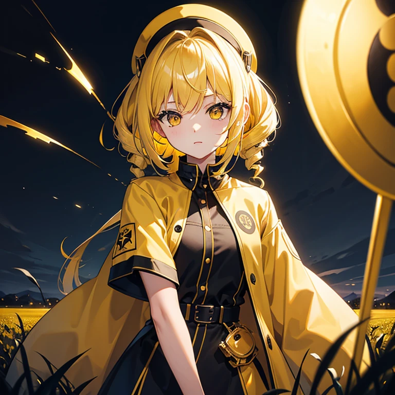 masterpiece, best quality, field, landscape, night, looking at viewer, upper body, 1girl, yellow hair, drill hair, yellow eyes, black and yellow jacket, short sleeves