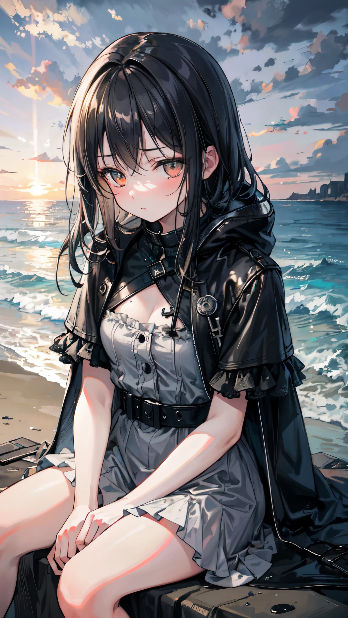 (masterpiece, best quality: 1.2), ultra detailed, cinematic lighting, HDR, illustration, landsape, 1girl, (soft colors), post-apocalyptic beach, the night, desolate atmosphere, girl sitting on the sand, covered vegetation, (overcast sky), waves crashing on the coast, (melancholic but hopeful), quiet moment of respite, (detailed textures), windswept hair, cloudy at night
