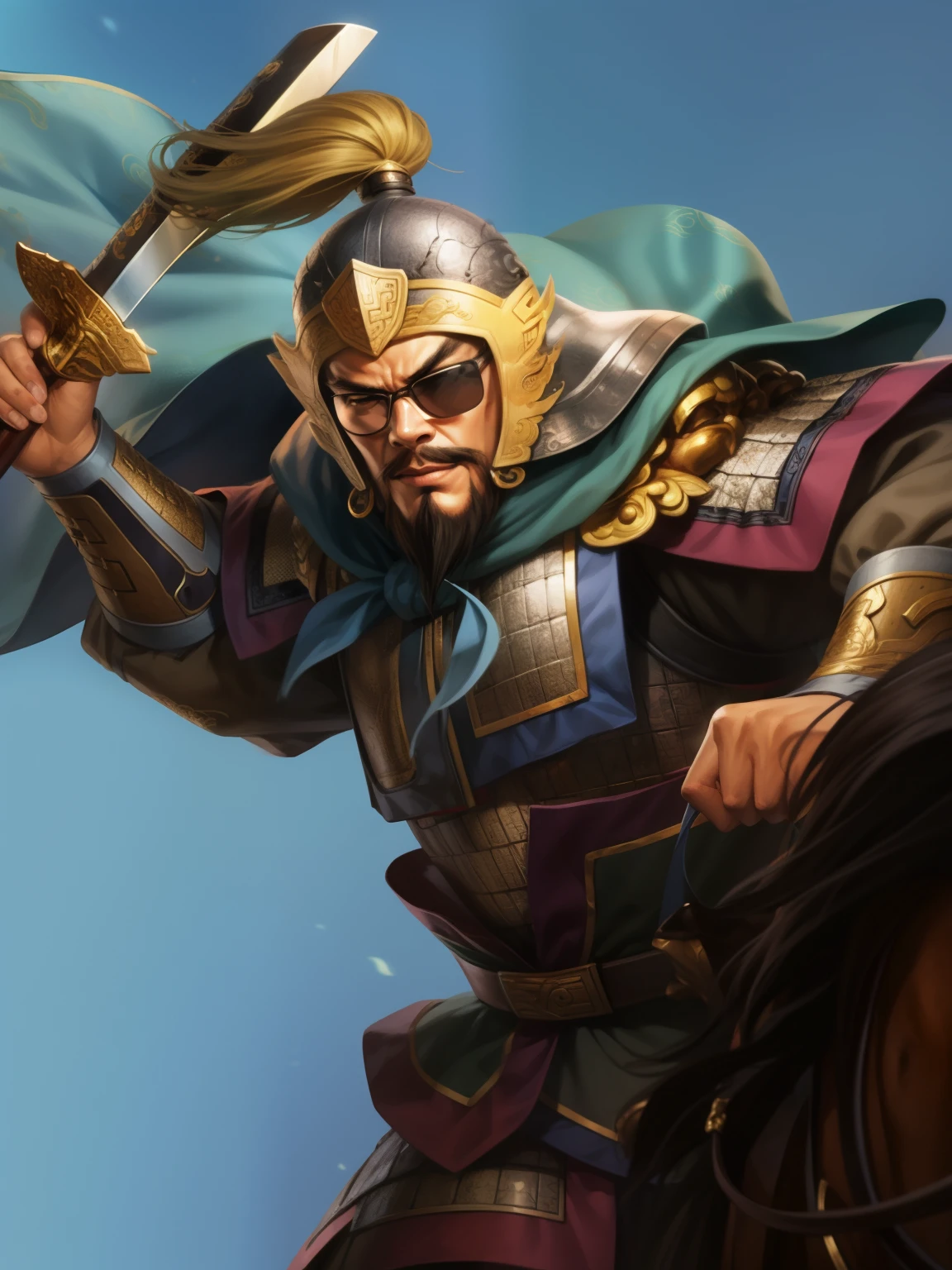 Close-up of a man on horseback holding a sword, Guan yu, Mongol, Nalanbato Gumbold, , inspired by Li Gonglin, Inspired by Hu Zaobin, bian lian, Inspired by Huang Shen, Inspired by Wu Bin, Arshon Lupine as Paladin, Inspired by Li Kan, feng shu