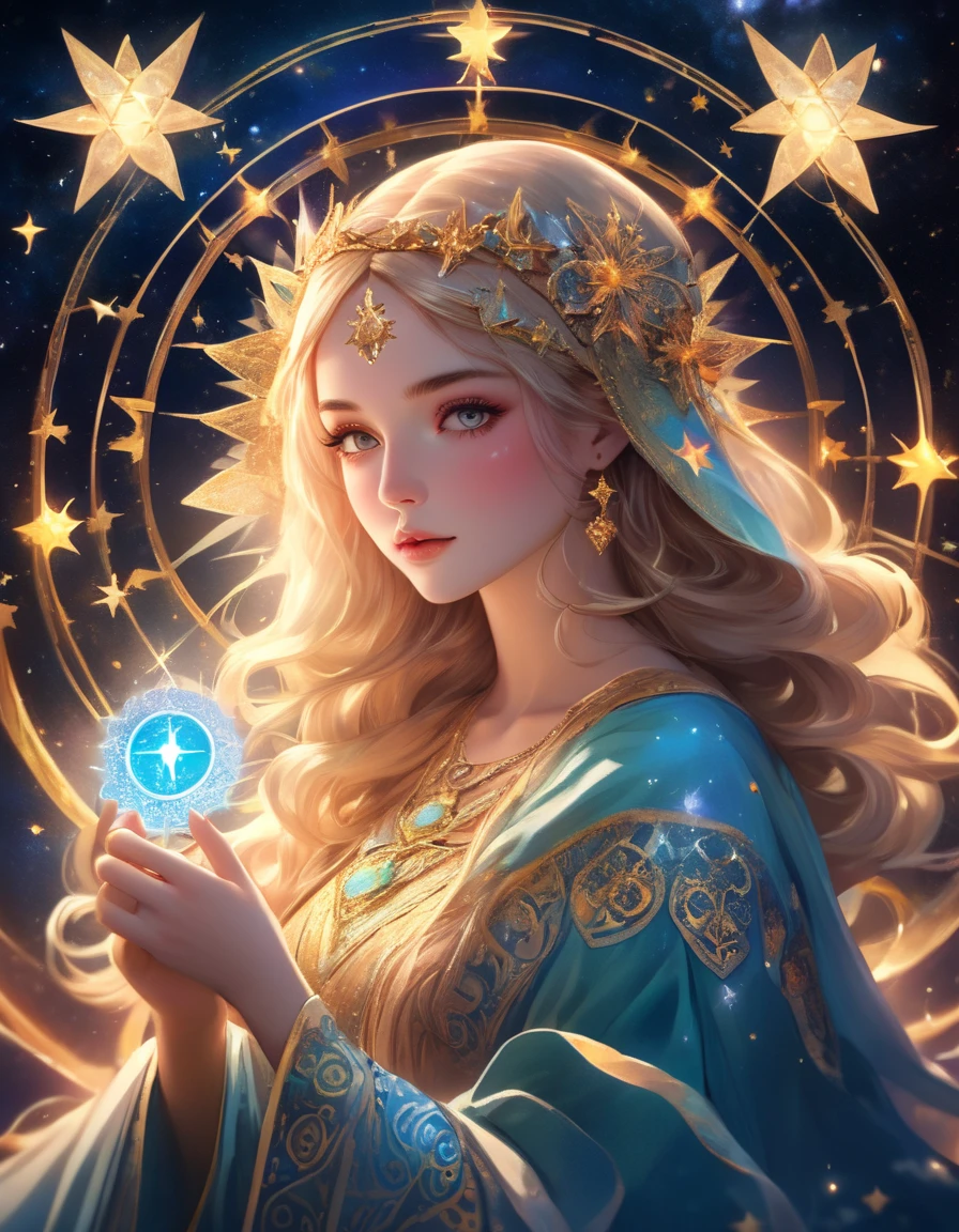 a beautiful girl with a detailed angelic face, piercing eyes, full lips, long eyelashes, wearing a starry robe, holding tarot cards, mystical background with zodiac symbols and celestial elements, (best quality,4k,8k,highres,masterpiece:1.2),ultra-detailed,(realistic,photorealistic,photo-realistic:1.37),intricate details, fantasy art, cinematic lighting, vibrant colors, glowing energy