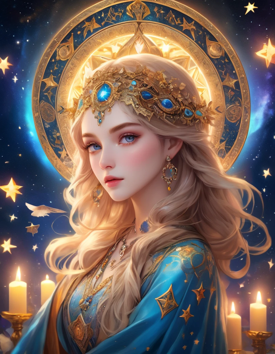 a beautiful girl with a detailed angelic face, piercing eyes, full lips, long eyelashes, wearing a starry robe, holding tarot cards, mystical background with zodiac symbols and celestial elements, (best quality,4k,8k,highres,masterpiece:1.2),ultra-detailed,(realistic,photorealistic,photo-realistic:1.37),intricate details, fantasy art, cinematic lighting, vibrant colors, glowing energy