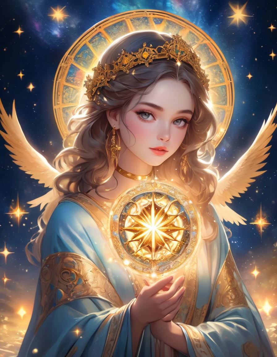 a beautiful girl with a detailed angelic face, piercing eyes, full lips, long eyelashes, wearing a starry robe, holding tarot cards, mystical background with zodiac symbols and celestial elements, (best quality,4k,8k,highres,masterpiece:1.2),ultra-detailed,(realistic,photorealistic,photo-realistic:1.37),intricate details, fantasy art, cinematic lighting, vibrant colors, glowing energy