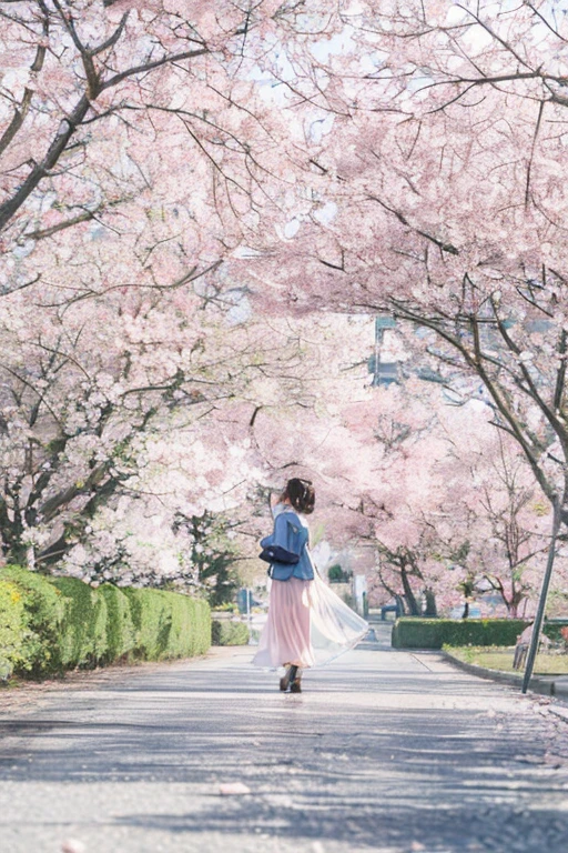 A woman in a pink dress is walking down a tree-lined street, Under the cherry blossom trees, sakura season, Sakura petals around her, lush sakura tree, sakura tree, 배경에 sakura tree, Flowing sakura-colored silk, cherry blossom tree, cherry forest, cherry blossoms falling, flowing sakura silk, sakura bloomimg, Writer: Kamagurka, cherry blossoms blooming in the wind
