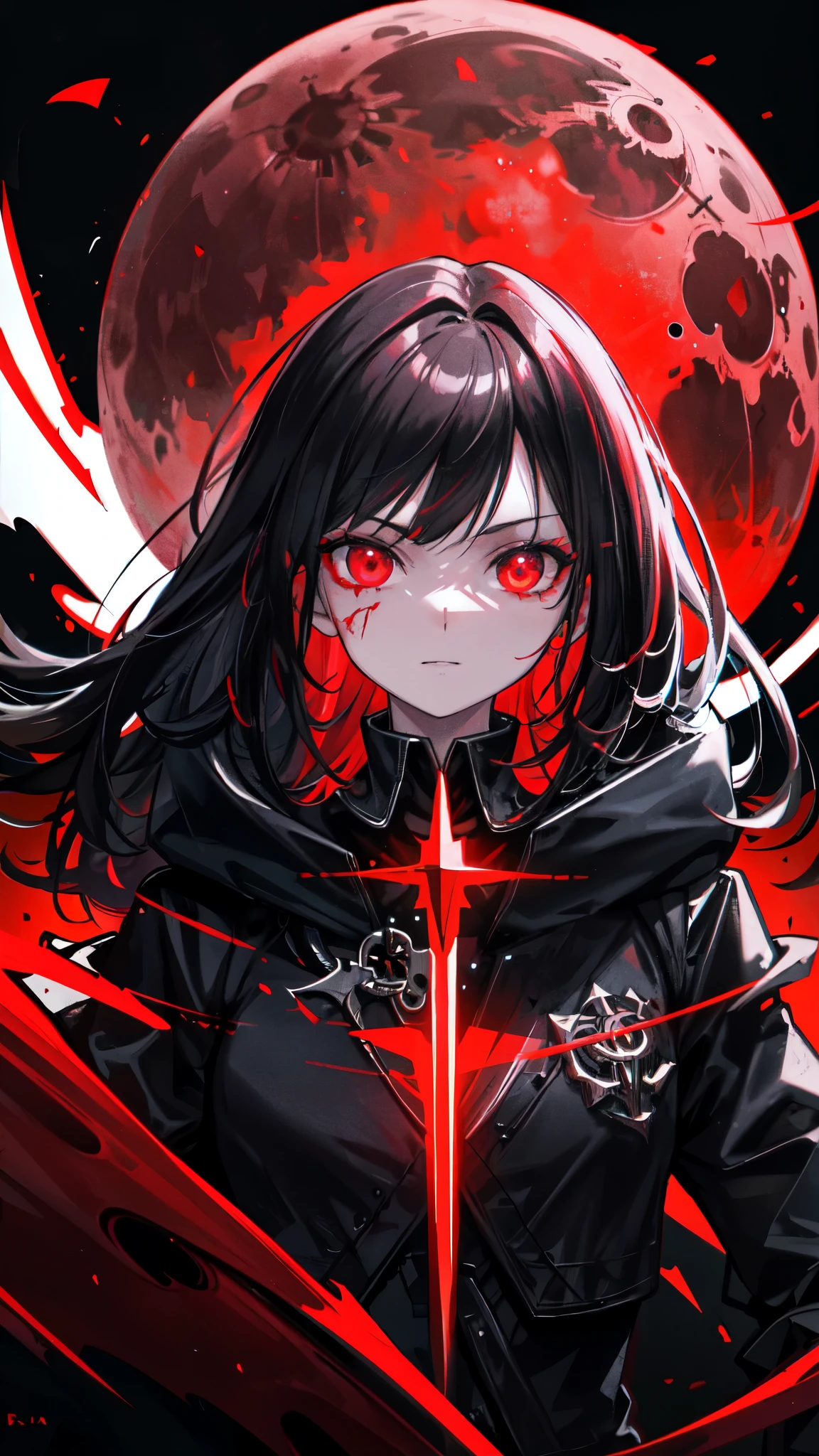 upper body, 1woman, black hair, Long Haired, Red eyes, (Vampire), Black Long hoodie Cape, Black Large Scythe, tunic, big breats, wallpaper, Chain background, light particles, (masterpiece), best quality, side-swept bangs, Top Quality, black large wing