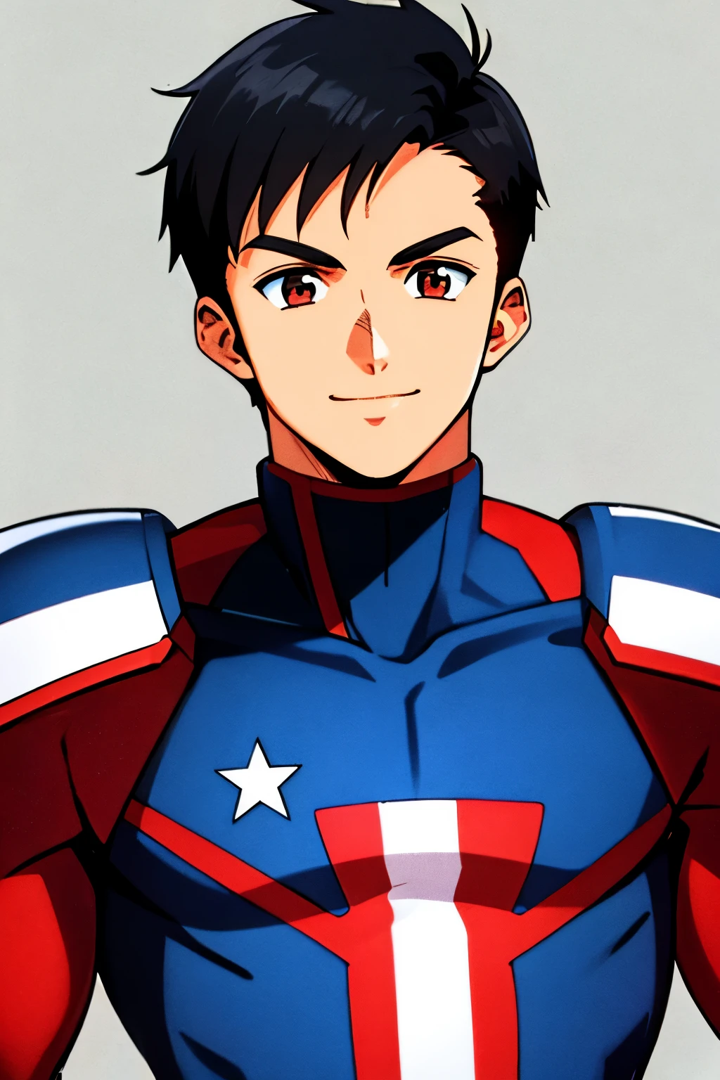 masterpiece, best quality, cel shaded, bright colors, 1boy, solo, male focus, teenage boy, short black hair, brown eyes, youthful smile, healthy complexion, muscular frame, american flag superhero suit, looking at viewer, staring straight ahead, upper body shot, simple background