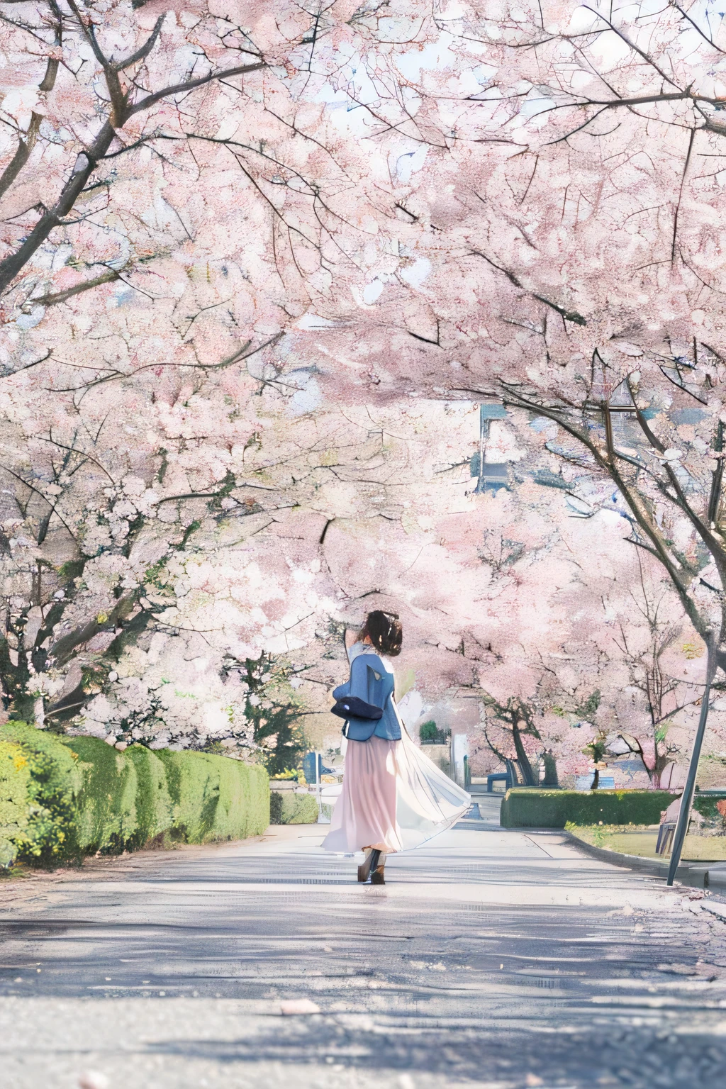 A woman in a pink dress is walking down a tree-lined street, Under the cherry blossom trees, sakura season, Sakura petals around her, lush sakura tree, sakura tree, sakura tree on background, Flowing sakura-colored silk, cherry blossom tree, cherry forest, cherry blossoms falling, flowing sakura silk, sakura bloomimg, Writer: Kamagurka, cherry blossoms blooming in the wind